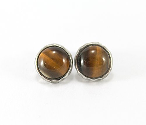 Tiger's Eye Gemstone Round Shape Earring Studs Hammering Texture Design - Thumbnail 4
