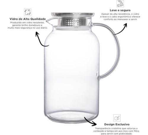 Jarra de Vidro Elegance Tampa de Inox 1,8L – Design Clean e Sofisticado, Estilo Atemporal, Ideal para Servir Água, Suco e Chá com Elegância KOALAECOM®