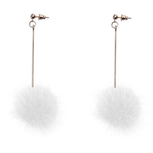 MLJB18K Gold Plated Grey/White Mink fur Big Plush ball ear line threader Women Long Tassel Stud Earrings