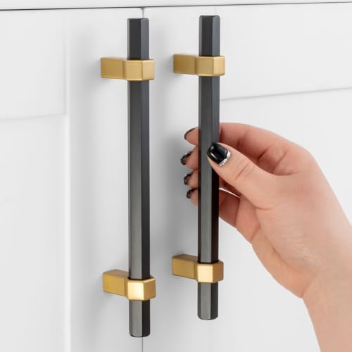 Photo 1 of ASKANO Black and Gold Cabinet Pulls, 5 Inch Hole Centers, Hexagon Bar Kitchen Cabinet Handles AP1310 | Pack of 10, Solid Hardware for Kitchen Door Drawer Dresser Bathroom Cupboard Furniture, 5"
