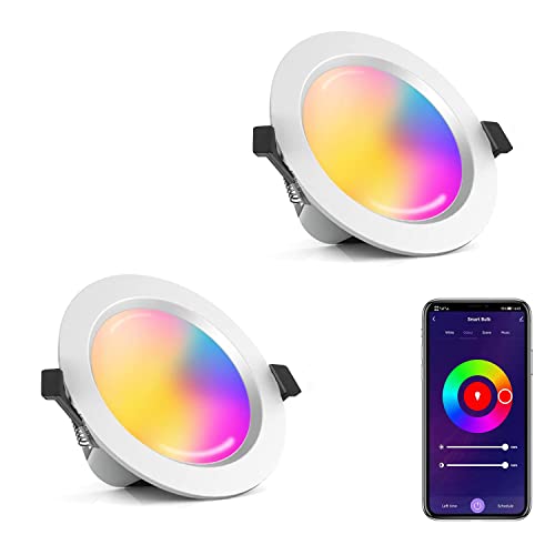 Redare LED Recessed Ceiling Lights,2 Pack 15W Dimmable Smart Downlights RGB+Warm White+Cool White,App Control,Bluetooth Mesh Spotlights 2700K-6500K for Living Room,Bedroom,Kitchen,KTV(15W 2 Pack)