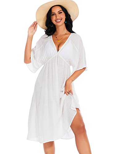 BREEZY LANE LONG BEACH DRESSES FOR WOMEN WHITE V NECK SHORT SLEEVE SWIMSUIT COVERUP RESORT WEAR FOR VACATION