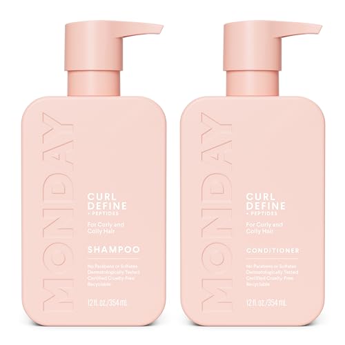 MONDAY HAIRCARE CURL DEFINE SHAMPOO + CONDITIONER SET (2 PACK) 12OZ EACH, NOURISHING CURLS, TAMES FRIZZ, ENHANCES SHINE WITH COCONUT OIL AND SHEA BUTTER, 100% RECYCLABLE BOTTLES