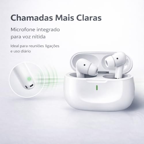 Fone de Ouvido Bluetooth 5.4 TWS Branco Sem Fio com Microfone, Controle Touch, Intra Auricular com Redução de Ruído, Estojo USB-C, Até 16h, Android e iPhone