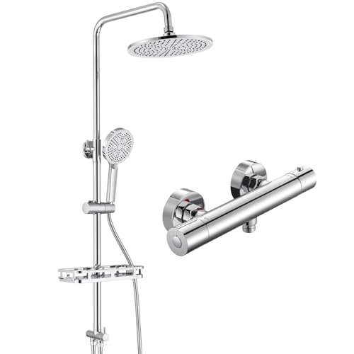 Auralum Regendusche mit Duscharmatur, Duscharmatur Komplettset mit Messing-Wasserteiler, Bohrfree-Regal, Ø250mm Überkopfbrause Duschset, Badezimmer Du