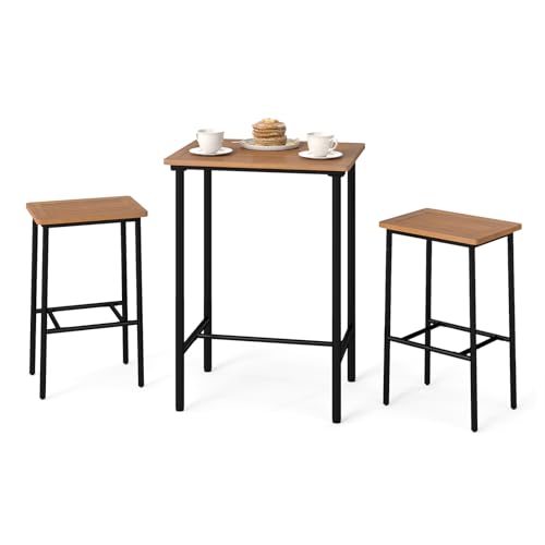 Tangkula 3 Pieces Acacia Wood Patio Bar Set, Space Saving Outdoor Bar Height Re…
