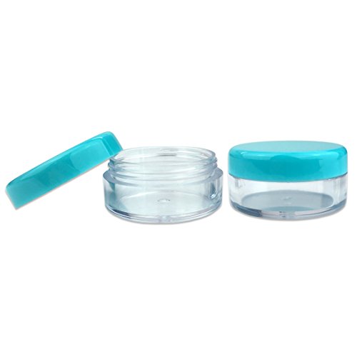 (Quantity: 200 Pieces) Beauticom 5G/5ML Round Clear Jars with TEAL Sky Blue Lids for Scrubs, Oils, Toner, Salves, Creams, Lotions, Makeup Samples, Lip Balms - BPA Free