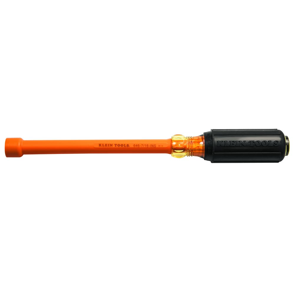 Klein Tools 646-7/16-INS Insulated Nut Driver, Made in USA, 7/16-Inch, 6-Inch Hollow Shaft, Cushion Grip Handle