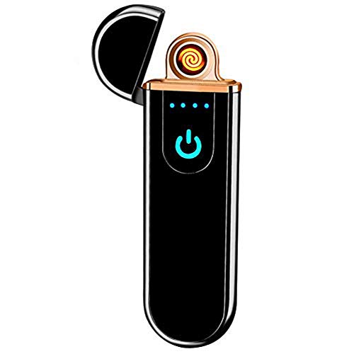 Lighter,Electric USB Windproof Rechargeable Slim Coil Lighter with Smart Fingerprint Sensor Double Side Ignition and Battery Indicator(Black)