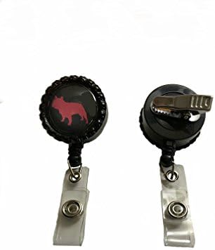 French Bulldog Badge Reel Holder Alligator Swivel Clip Retractable Pink on Black