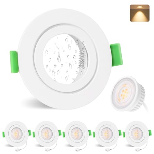 Yindalux 6Er Set Einbaustrahler Gu10 Rahmen Ip65 Inkl 5W Led Modul 2700K, Led Einbaustrahler 230V Matt Weiß Deckenspots Rund Flach Einbauleuchten Spots 68Mm Lochmass Für Aussen- Innen, Nicht Dimmbar