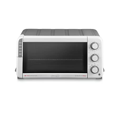 DeLonghi EO12512.WG Mini Electric Cooker, 12 L Capacity, 5 Cooking Functions, Timer with Auto Shut-off, Air Fryer, Double Glass Door, 1400 W, White/Grey