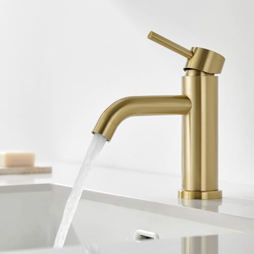 DETBOM Gold Basin Mixer Tap, Adjustable Hot and Cold Washbasin Tap, Stainless Steel, Removable Aerator, Lead Free, Brushed Gold