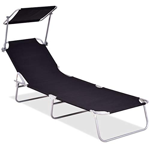 Giantex Lounge Chair W/Sun Shade Outdoor Portable Recliner(Black