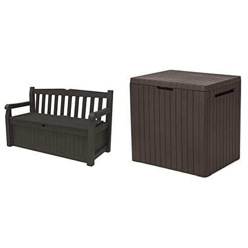Keter Solana 70 Gallon Storage Bench Deck Box, Brown & City 30 Gallon Resin Deck Box For Patio