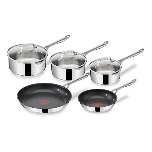 Tefal Jamie Oliver Cook's Direct On 8-teiliges Edelstahl-Pfannenset: Pfannen 20/28 cm, Stielkasserollen 16/18/20 cm + Deckel, Antihaftbeschichtung, Thermo-Signal, genieteter Griff, Induktion, E304S544