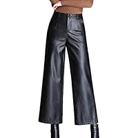 Joe Wenko Women Trousers Faux Leather Wide-Leg Straight Ankle High Rise Pants Black L