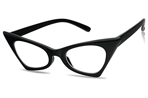 1950's Retro Vintage High Pointed Colorful Clear Lens Geometric Cat Eye Glasses Non-Prescription (Black, Clear)