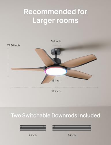 DREO Smart Ceiling Fans with Lights, Low Profile Ceiling Fan with Alexa/App, 52'' Dimmable Lighting & Color Tuning, RGB Ambient Light for Living Room, Game Room, Easy Installation, Quiet, Black