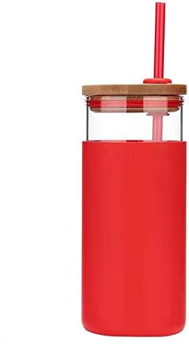 Tronco 20oz Glass Tumbler Straw Silicone Protective Sleeve Bamboo Lid - BPA Free (Red)
