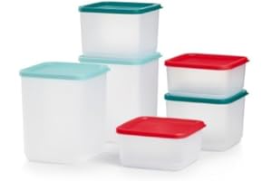 Tupperware Stacking Square Storage Set - Dishwasher Safe & BPA Free - (6 Clear Containers + 6 Colored Lids in Green & Red)