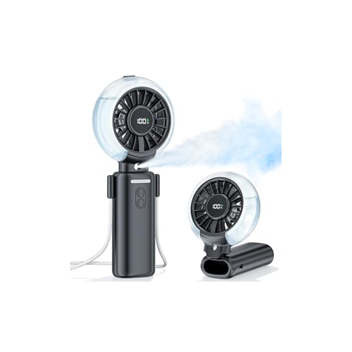 Portable Mini Misting Fan - 100 Speeds Small USB Rechargeable Fan, 6000 mAh 3-in-1 Folding Pocket Fan for Hand, Desk or Neck with LED Display, for Outdoor, Travel, Office (Black)