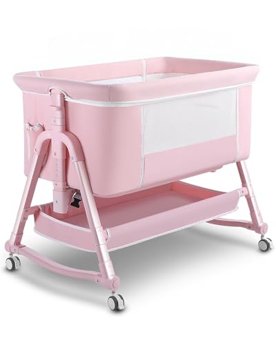 Uuoeebb 4 in 1 Bedside Bassinet for Baby, Portable Baby Bassinet with Wheels, Baby Crib with Mosquito Net, Storage and Mattress Included, Foldable Travel Bassinet for Baby/Newborn - Pink