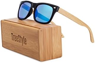 TreeStyle Handmade Wooden Wayfarer Black Sunglasses, Polarized Revo Blue Mirrored Lens, Real Bamboo