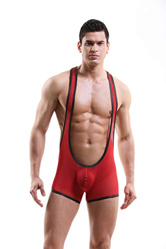 Swbreety Men's Mesh Bodysuit Wrestling Jockstrap Singlet Boxer Underwear Red
