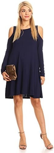 Nelly Aura Open Shoulder Tunic Shift Dress Swing Top Shirt Blouse Flowy Long Sleeve - MADE IN USA - All Sizes + Colors (Medium, Navy)