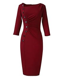 VFSHOW Vestido de mujer retro con cuello asimétrico plisado botones de trabajo para fiesta