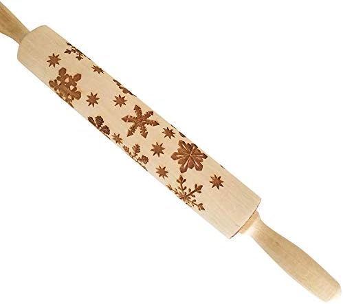 Iusun Christmas Wooden Rolling Pin Engraved Embossing with Snowmen Flower Snowflake Pattern for Baking Embossed Cookies Noodle Biscuit Fondant Cake Kitchen Tool