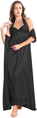 Women's Satin Nightwear Set of 2 Pcs, Gown Type Nighty with Back Knot, Robe (Wrap Gown) with Belt Closures