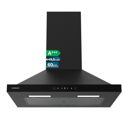Cecotec Cappa Aspirante Piramidale 60 cm Bolero Flux PT 604400 Black A+++. Vetro Frontale Nero, Aspirazione 449,5 m³/h, Controllo Touch Invisibile, Funzione Booster, Filtri Lavabili, Classe A+++