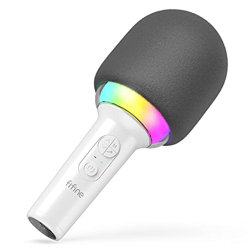 FIFINE Karaoke Microphone Bluetooth Wireless, Singing Microphone, Handheld Mic with Speaker Portable for All Age, Magic Voice Changing, Monitoring, RGB Mic on Smartphone-AmpliSing E2 White