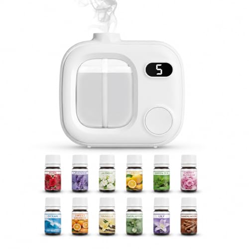 Aromatizador Automático com 12 Essências, Difusor de Aromas Elétrico USB Recarregável, Umidificador de Ar Portátil com Display Digital 5 Modos, Branco