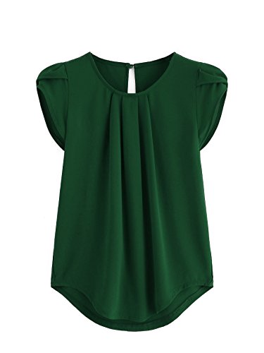 Milumia Womens Casual Round Neck Basic Pleated Top Shirt Curved Keyhole Back Blouse (Green, Large, Cap Sleeve)