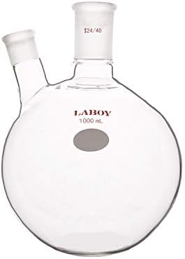 Laboy HMF011335 Glass 1000 mL 2 Neck Round Bottom Boiling Flask with 24/40 Center Joint and 14/20 Side Joint Angled
