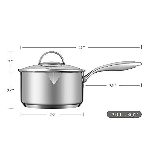 Fracoda 3 Quart Saucepan with Strainer Glass Lid, Stainless Steel Sauce Pot for Stove Top