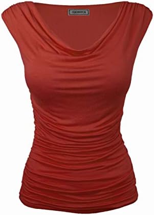 CLEMONCE Double Lining Cozy Cowl Neck Ruched Side Fitted Top S to 3XL