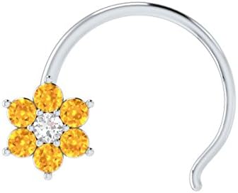 Animas Jewels DGLA Certified 14k White Gold Flower Nose Pin Ring for Women 0.02 Cttw Natural Diamond (G-H Color. SI Clarity) and 0.08 CT Citrine Round Cut Single Prong Setting
