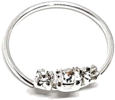 Sterling Silver Nose Ring Crystal 3 Cz Cubic Zirconia 22g (0.6mm) Tragus Septum Hoop Helix Earring Silver