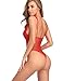Garmol Women Lingerie Lace Bodysuit Deep V Neck Dobby Mesh Body Suits Teddy (Red, Large)