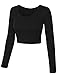 KOGMO Womens Long Sleeve Crop Top Solid Round Neck T Shirt -M-BLACK