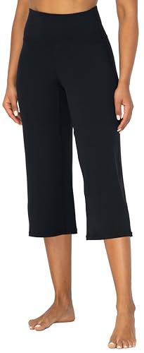 SUNZEL YOGA PANTS FOR WOMEN STRAIGHT WIDE LEG CAPRIS HIGH WAISTED LOUNGE CROP PANTS (21″ INSEAM, BLACK, L)