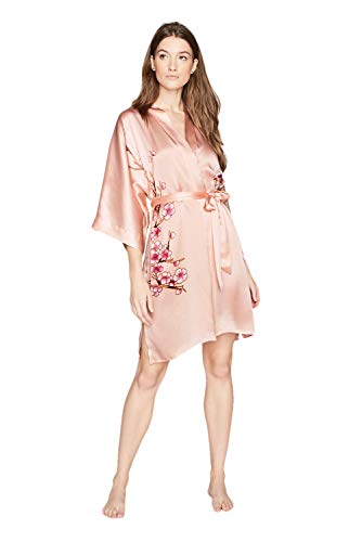 Old Shanghai Women's Silk Kimono Short Robe - Handpainted (Cherry Blossom Dusty Pink)