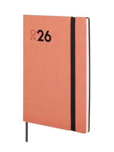 Finocam - Agenda 2026 Week Vertical View | January - December (12 months) | 2026 Annual Agenda with Elastic Band and Dot Ribbon| Mara Soft Cover - Coral - Catalan