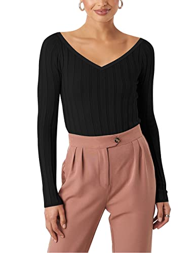 HATANT WOMEN’S RIB SWEATERS V-NECK V BACKLESS TUNIC PULLOVER SWEATER CLASSIC ELASTIC SOLID COLOR CASUAL LONG SLEEVE SWEATER FOR WOMEN V-NECK PULLOVER KNIT JUMPER TOPS WINTER CLOTHES HS-M