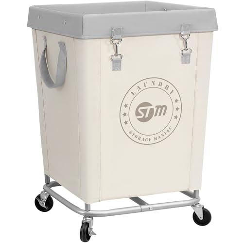 STORAGE MANIAC Commercial Laundry Hamper with Heavy Duty Steel Frame, 160 L Industrial Clothes Basket Cart with Wheels for Hotel, Home, Laundry Room, 18''L x 18''W x 31''H, Medium Beige