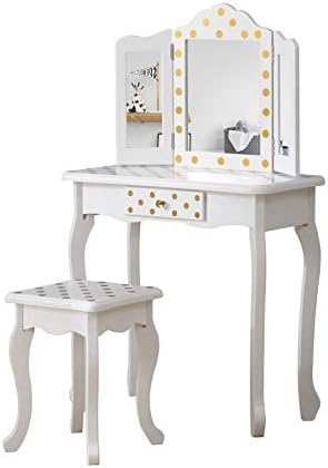 Suge ドレッサー 子供 おままごとドレッサー ド 三面鏡 木製 化粧台 姫系 可愛い スツール付き 引き出しコスメ収納 知育玩具 おもちゃ 女の子 誕生日プレゼント クリスマス 贈り物